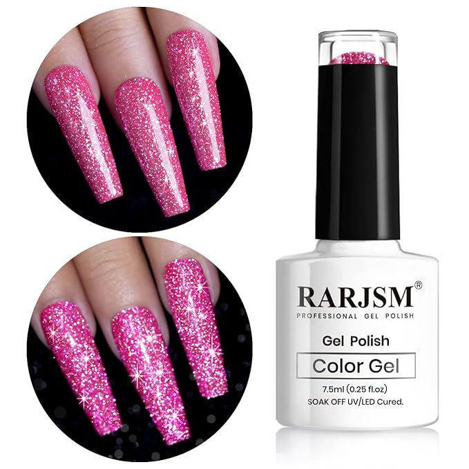 RARJSM Reflective Glitter Gel Nail Polish Sparkling Diamond Neon Pink Gel Polish Holographic Iridescent Shimmer L E D U V Soak Off Sparkle Hot Pink Gel Polish Nail Art Manicure Salon DIY at Home