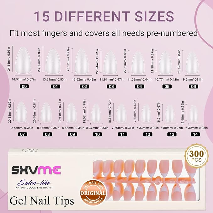 Gel French Tip Nails Medium Almond French Tip Press on Nails SXVME White French Nail Tips 300Pcs Pre-applied Tip Primer Natural Nude Pink Fake Nails Extensions Gel Nail Kit for Women Girls DIY