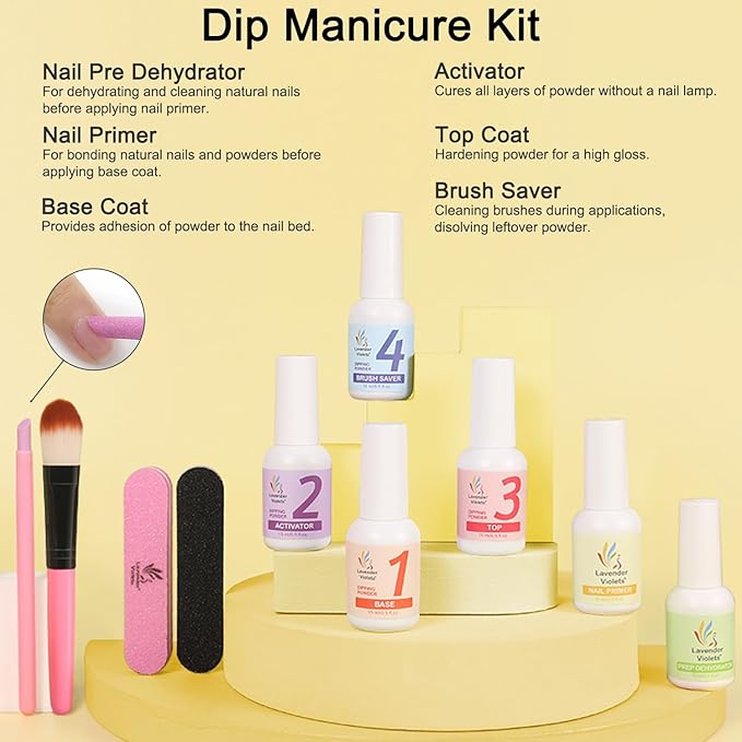Lavender Violets 94Pcs Dip Powder Nail Kit Starter, 30 Neon Colors Red Purple Green Orange Yellow with Dipping Powder Liquid Set and Nail Art Tool for Colorful DIY Manicure B703