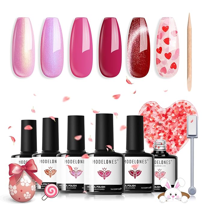 modelones Gel Nail Polish Set, 6 Colors 2026 Eater Spring Pitaya Hot Pink Red Cat Eye Gel Polish Mermaid Pink Red Love-heart Glitter Nail Polish with Magnet & Wooden Pen Soak Off LED Manicure Gift