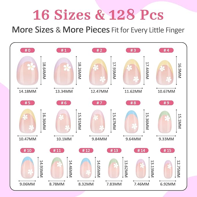 16 Sizes 128 Pieces Press on Nails for Kids, 4 pack Kids Nail Kit Colorful Flower Almond Fake Nail Tips for Girls 8-12 Years Old with Jelly Nail Adhesives & Nail Glue Easter Gifts Birthday