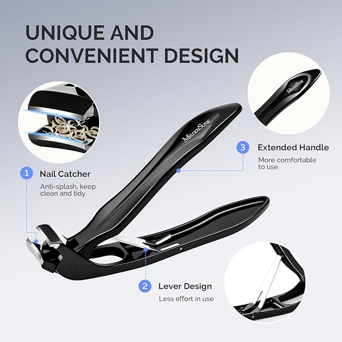 MelodySusie Wide Jaw Opening Nail Clippers, Toenail Clippers for Seniors Thick Nails, Angled Head Large Nail Clippers for Men Women with Nail File, Fingernail Cutter with Catcher Long Handle, Black