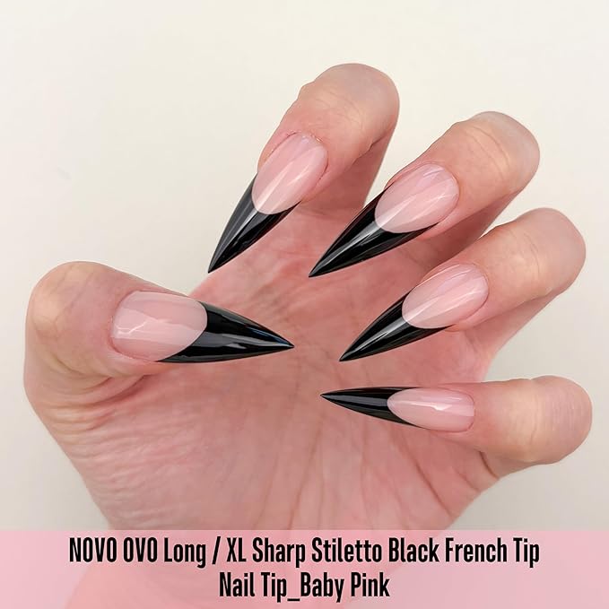 NOVO OVO Black French Tip Long XL Sharp Stiletto Nail Tips Press on BABY PINK, Soft Gel Double Matte Fake Nail Extension, Full Cover False Nails for Acrylic DIY x 16 Sizes 160 pcs