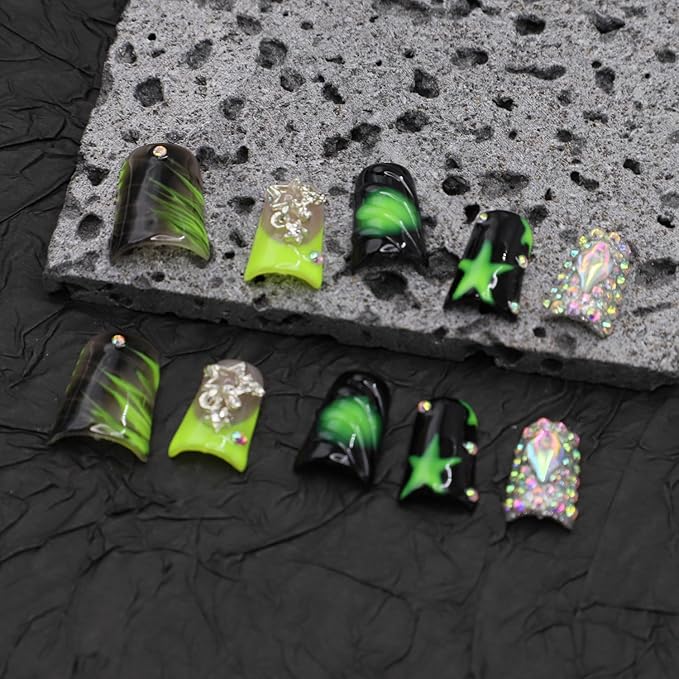 Handmade Press on Nails Medium Duck Nails with Glue,Black and Green Fake Nails with Star Rhinestone Design Reusable Acrylic Nature Stick on Nail Y2K False Nails for Wome (Size M)