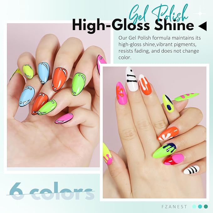 FZANEST Gel Nail Polish Set 6PCS Neon Yellow Green Hot Pink Blue Purple Gel Polish Kit