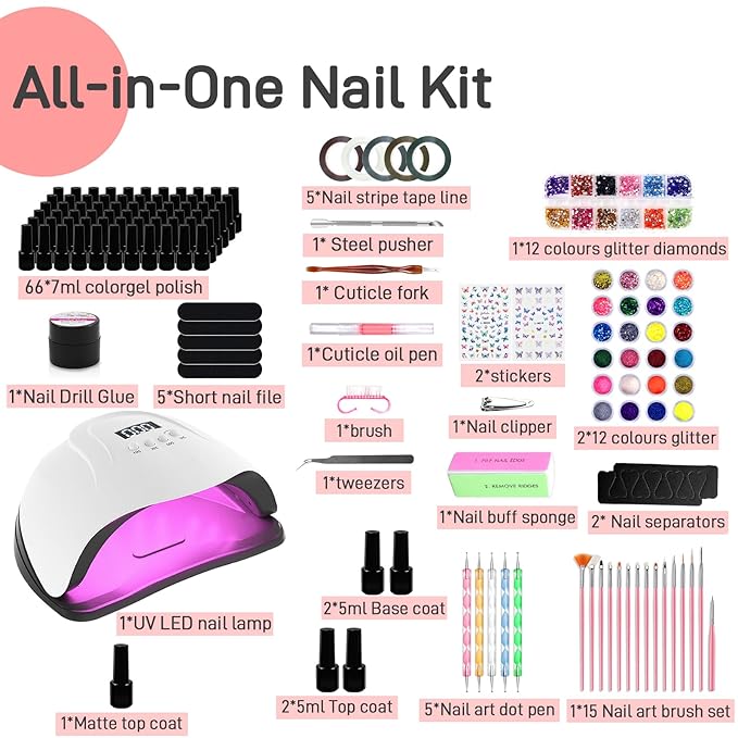 Gel Nail Polish Kit with U V Light 66 Colors Gel Nail Polish with Base and Matte/Glossy Top Coat Nail Gel Polish Soak off Manicure Accessory Tools Suitable for All Seasons