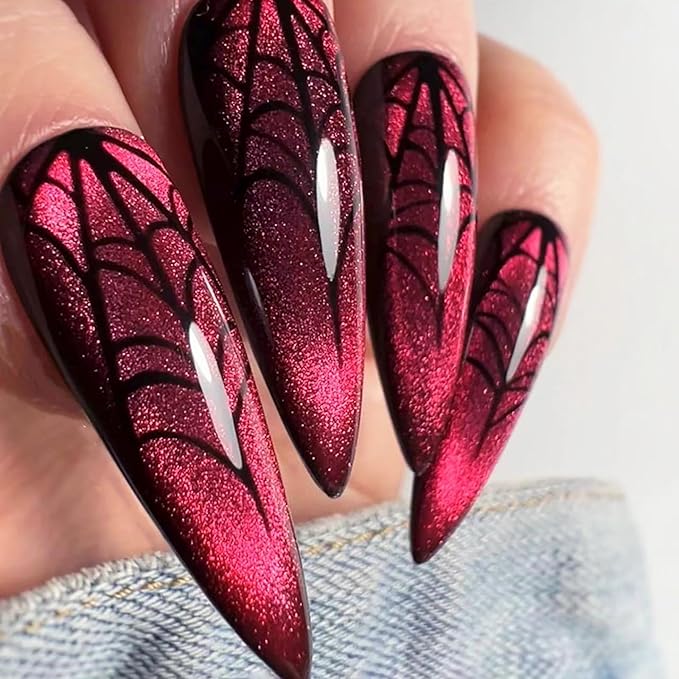 Halloween Press on Nails Long Stiletto Fake Nails KKUUOO Red False Nails with Spider Web Design Glossy Acrylic Nails Glitter Press on Nails for Women Girls Halloween Party Cosplay Manicure