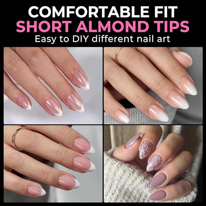 UNA GELLA Short Almond Fake Nails 216pcs Pre-Shape Gel Acrylic Nail Tips for Full Cover Nail Extension Home DIY Nail Salon 12 Sizes Gelly Tips
