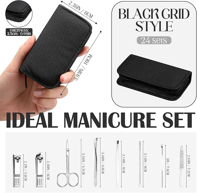 Coume 24 Sets Mini Manicure Set Bulk for Women Men Gifts for Coworkers Nail Grooming Kit 8 in 1 Nail Clippers Kit Luxurious Travel Case Stainless Steel Nails Clipper Set(Black)