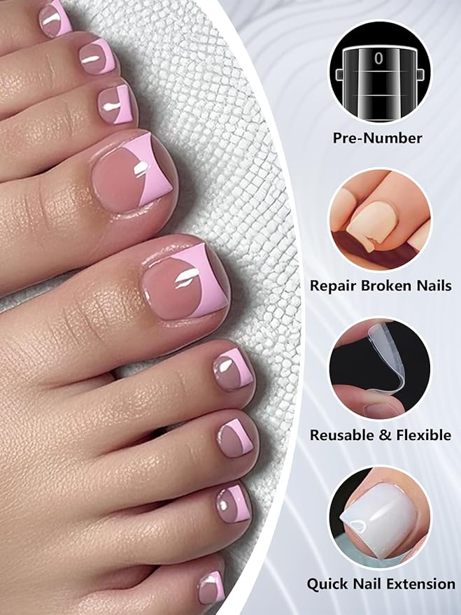 EBANKU Poly Gel Nail Forms for Toes, 240PCS Long Square Dual Forms for Pedi Nail Extension Poly Gel Toenails Reusable Toe Nail Tips Mold, 12 Sizes