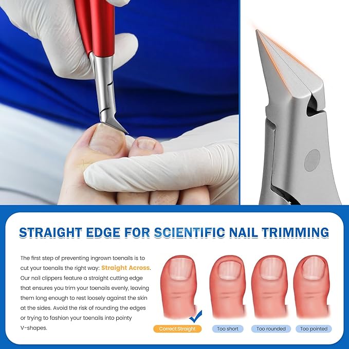 BEZOX Toenail Clippers for Ingrown Toenail Prevention, Straight Blade Podiatrist Nail Clipper for Thick Nails, Ergonomic Finger Nails Scissor for Adults, Seniors, Men and Women - Red