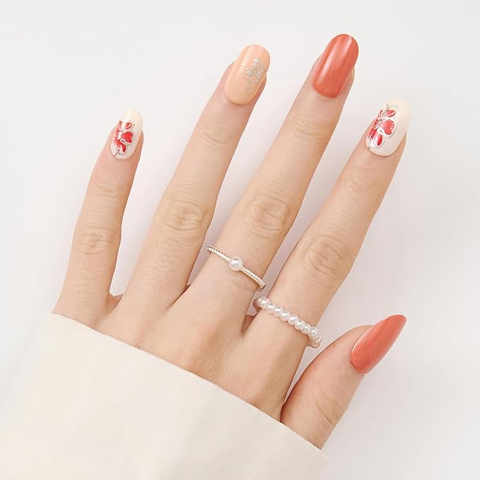 short round press on nails orange - floral acrylic fake nails salon quality reusable tips for women, perfect DIY manicure at home, 24 Nails in 12 Sizes