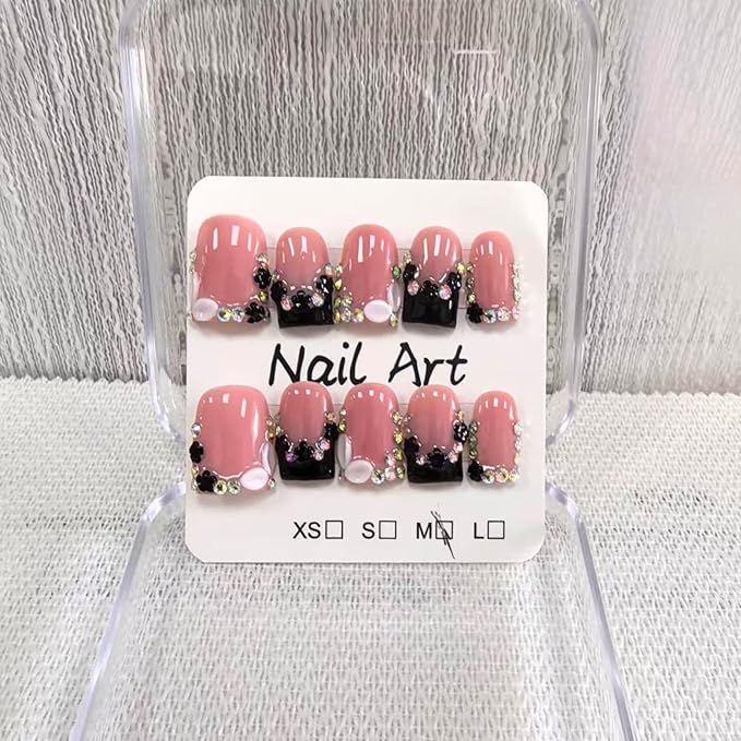 Handmade Press on Nails Square Short Fake Nails Black French Tip with 3D Bow Designs Rhinestones luxury Glossy Cute Acrylic Nails for Women 10pcs (Size M）