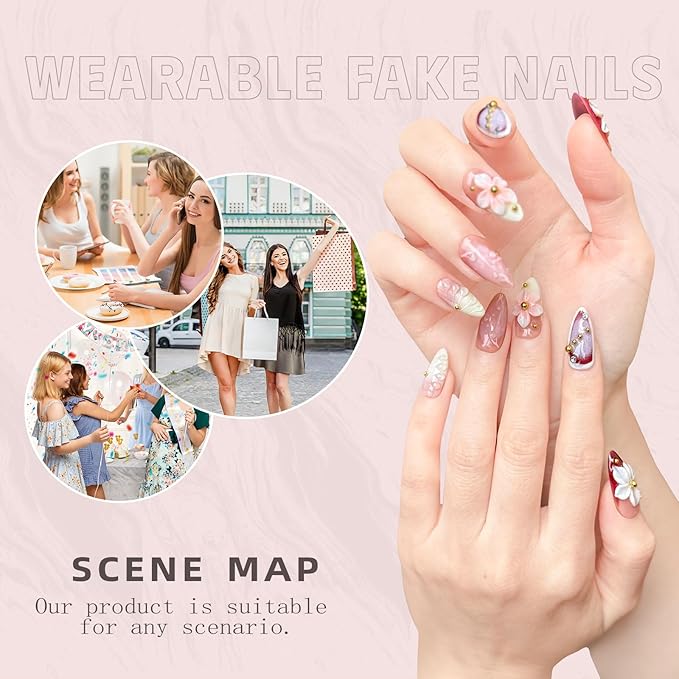 Luxury Press on Nails, Medium Almond 3D Handmade Nails, Reusable French Tip False Nails, Pink Flower Metal, Thick Acrylic ABS Nail Art (10PCS-M)