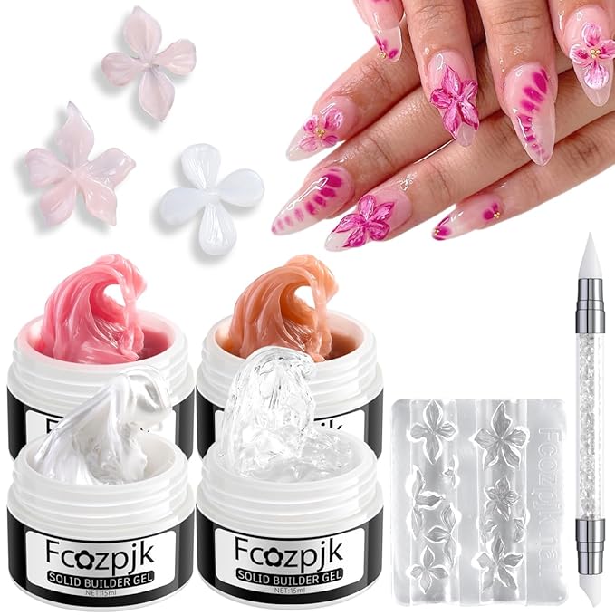Hard Gel for Nails, 4 Colors Solid Builder Gel Kit with Silicone Carving Mold Clear Pearly White Brown Nude Pink 3D Sculpting Gels Flower Charms DIY Modeling Design Nail Salon Supplies