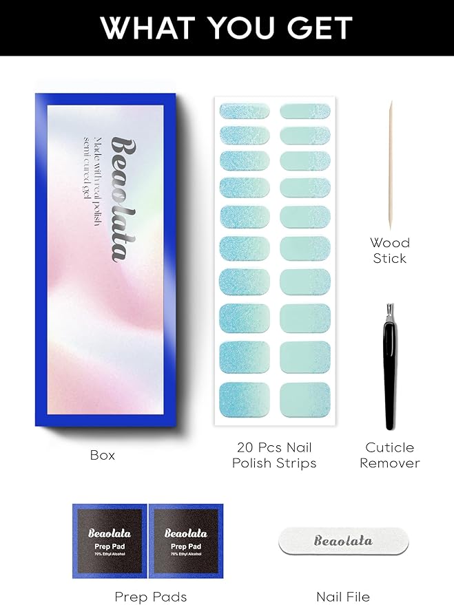 Semi Cured Gel Nail Strips - UV Light Gel Nail Stickers - 20 Long Lasting Salon Quality Wraps (Mojito Mint)