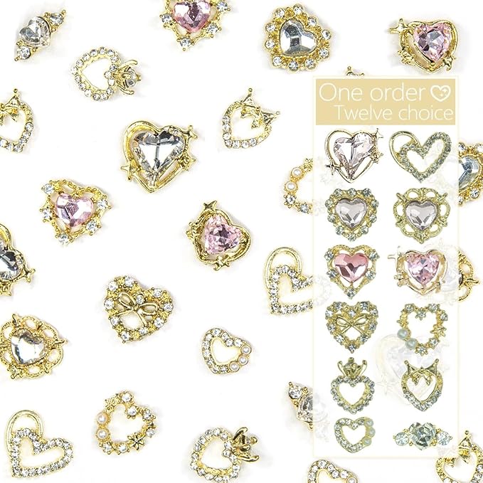 24pcs Heart Nail Charms Luxury Alloy Charms for Nails, qiipii 12 Pair 3D Gold Nail Art Rhinestones Nail Gems Golden Nail Crystal Diamonds Jewelry Stones Studs Nail Supplies Nails Decor Crafts 1 Box