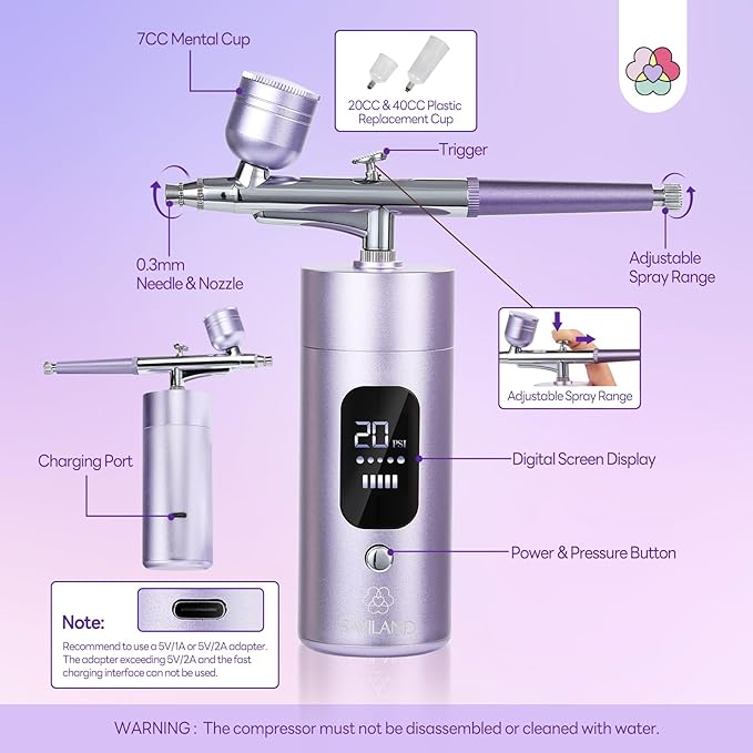 SAVILAND Airbrush Kit for Nails: 30 PSI LCD Display Airbrush Kit with Compressor Rechargeable Nail Airbrush Machine with 0.3mm Nozzle Cordless Portable Air Brush Painting Set for Nail Art