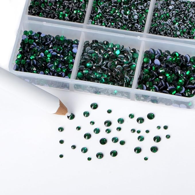 Bymitel Hotfix Crystal Rhinestones Round Gems for Crafts,Mixed 6 Sizes with Wax Pencil Kit, Emerald 1.3-3.2mm(SS3-SS12/8000pcs)