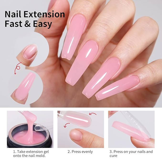 3 in 1 Builder Gel Kit for Nails, 1.23 Oz Light Pink Strengthener and Extender Gel for Long, Strong Nails for Professional Nail Salon Home DIY With Clear Nail Tips Model and Brush