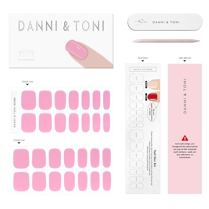 DANNI & TONI Semi Cured Gel Nail Strips Soft Light Pink Gel Nail Wraps 28 Stickers | Rose Reverie