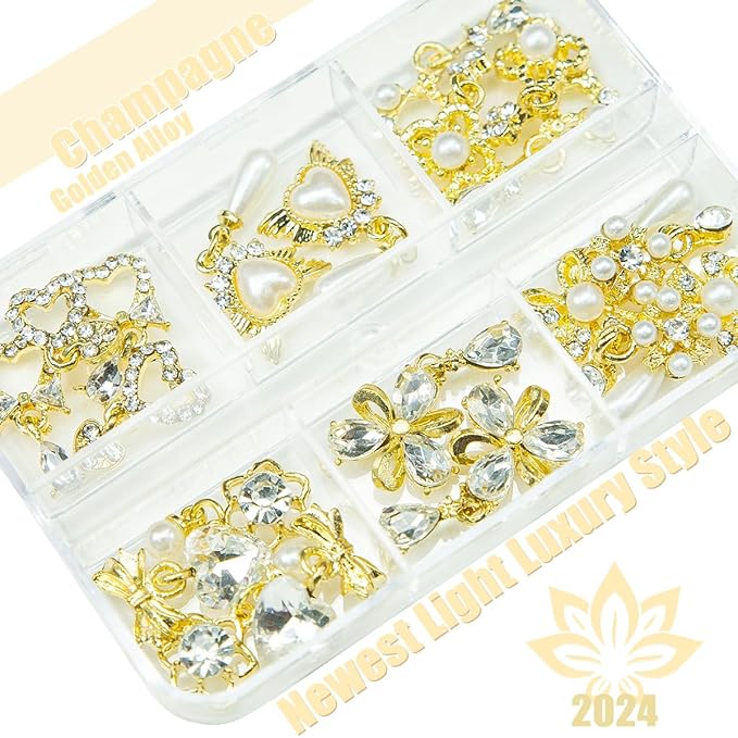 20Pcs Luxury Nail Charms 10 Pair Dangle Nail Art Rhinestones Heart Charms for Nails Flower Nail Crystals Heart Pearl Crystal Big Gems 3D Alloy Gold Luxury Nail Gems for Nails Crafts DIY Jewelry Making