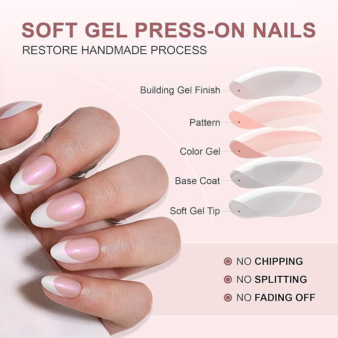 French Tip Press On Nails - White Almond Press On Nails, Short Fake Nail with Nail Glue, Artificial Nail 16 Sizes - 32Pcs Reusable Soft Gel False Nail Tips Kit,Stick On Nail for Women