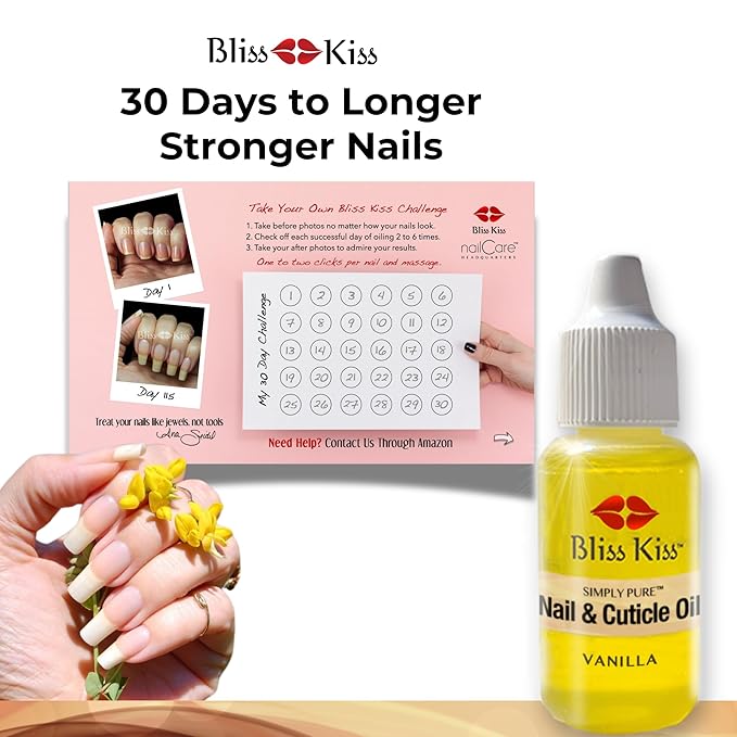 Bliss Kiss | Vanilla Fragrance | Nail Oil Cuticle Dropper w/Vitamin E & Jojoba⏤Nail Strengthener Nail Growth Serum for Brittle Peeling Breaking Thin Nails | 0.5oz |
