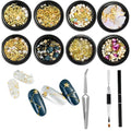 3D Nail Charms Nail Art Kit with 8 Jars of Nail Gems,Half-Round Pearls,Gold Metal Rivets,1 Nail Sculpting Clip&1 Dual-Ended Brush–DIY Manicure Set for Wedding,Party,Holiday,Home Salon (SET-B)