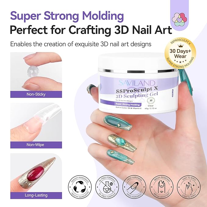 SAVILAND Sculpting Gel for Nail Art: 60 g Super Strong Solid Gel Builder 3D Gel Nail Art Clear Solid Sculpting Gels Non Sticky to Hands Extension Salon SSproSculpt X