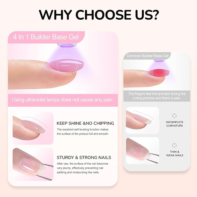 Rubber Builder Base Gel, Hema Free TPO Free Strengthening Gel for Nails Nude Pink 10ml, LED UV Curing Needed, Salon Nail at Home Manicure