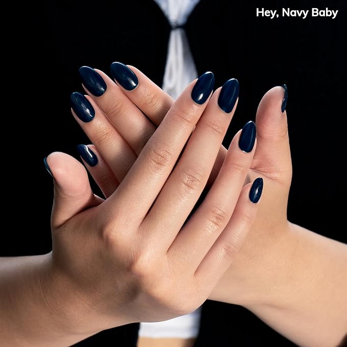 Heyhae Semi Cured Gel Nail Strips | No LED Lamp Needed | Summer, Solid, Navy | Easy Apply & Remove, Salon Quality | Includes 28 Strips, 1 Prep Pads, Nail File & Wooden stick - Hey, Navy Baby