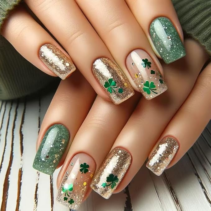 St. Patrick's Press on Nails Medium Square Fake Nail Gold Green Glitter False Nails Full Cover Clover Stick on Nails Green Glue on Nail Artificial Acrylic Nails for Women 24Pcs