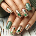 St. Patrick's Press on Nails Medium Square Fake Nail Gold Green Glitter False Nails Full Cover Clover Stick on Nails Green Glue on Nail Artificial Acrylic Nails for Women 24Pcs