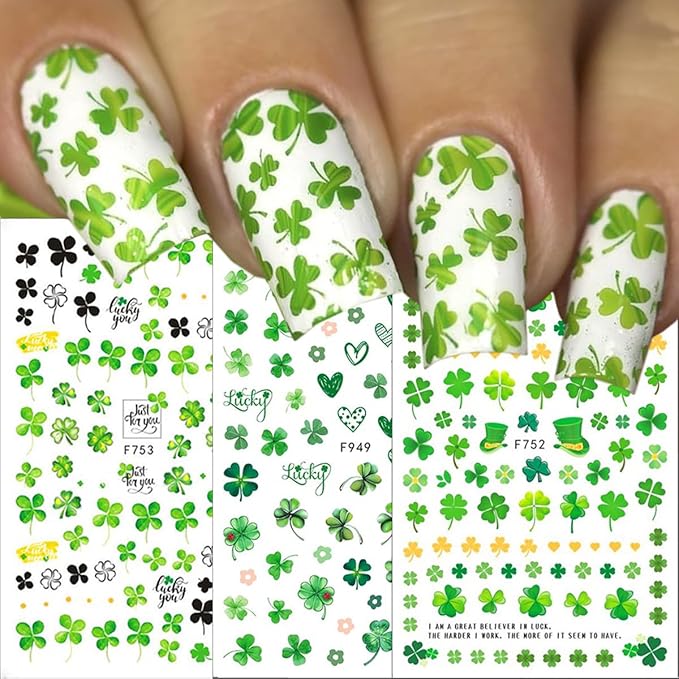 6 Sheets St. Patrick's Day Nail Art Stickers 3D Self-Adhesive Green Shamrock Nail Decals Clover Nail Stickers Luck Leaf of Irish Nails Designs St. Patrick's Day Nails Supplies for Women Manicure DIY