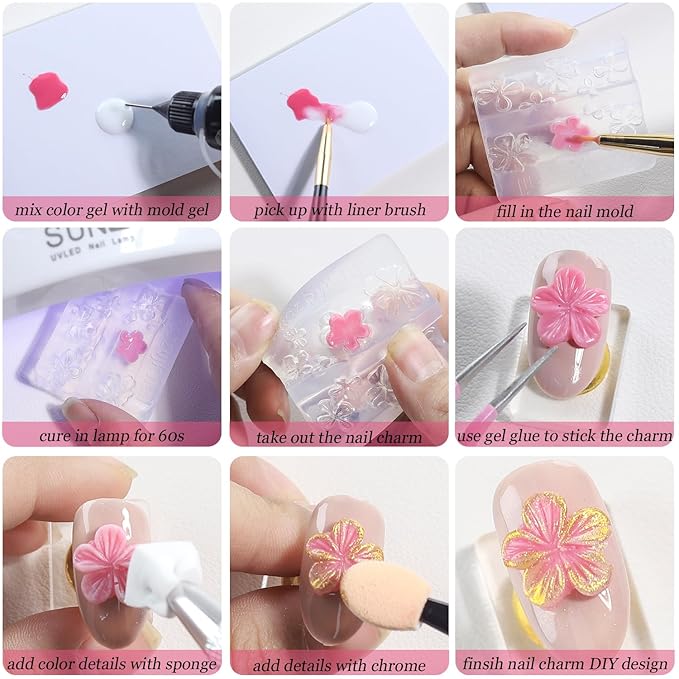3D Gel Nail Art for Nails Starter Kit: 15ML Clear and White 3D Sculpting Gel with 3PCS Silicone Flowers Nail Charm Molds Gold Silver Chrome Powder Ombre Sponges Salon Supplies DIY Manicure