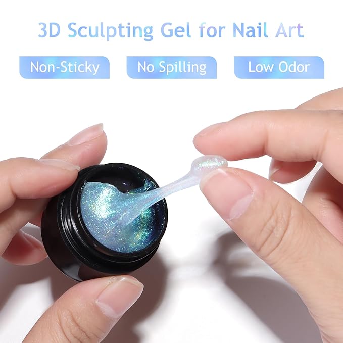 3D Sculpting Gel for Nail Art, 6 Iridescent Aurora Glitter Colors, Non-Sticky Solid Builder Hard Gel for 3D Nail Designs, with Silicone Carving Pen, Seashell Mold, Rhinestones & Pearls