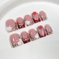 Short Press on Nails Square Handmade Press on Nails 3D Luxury Rhinestone Acrylic Fake Nails Designs Flower Stick on Nail Full Cover Thickened False Nails for Women Nail Art DIY 10Pcs (Size M)