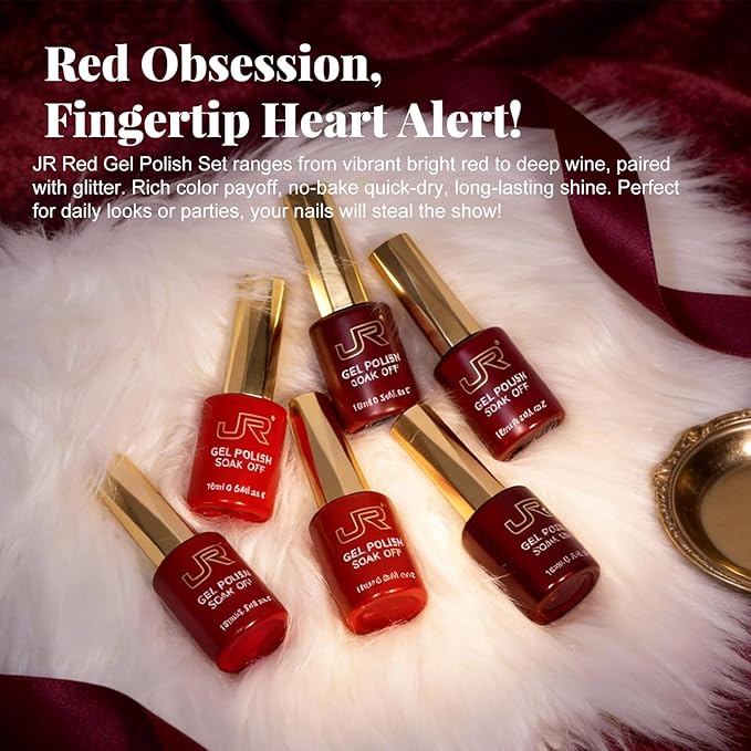 JR Red Gel Nail Polish Set, 16ml Full Size Bottle 6 Colors Red 9D Cateye Glitter Nail Gel Polish Gift Soak Off Led Nail Art Kit Salon DIY Colorful Bottle F
