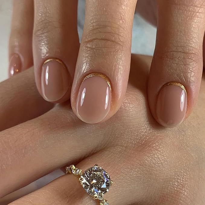 Nude Press on Nails Short Oval MABKJLF Fake Nails Natural Nails False Nails with Gold Glitter Designs Solid Colour Full Cover Glossy Glue on Nails Acrylic Nails for Women Girls 24 Pcs