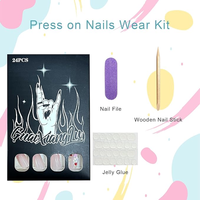 Flowers Press on Nails Medium Almond Fake Nails with Multicolor Floral Strawberry Designs Pink French Tip False Nail Glossy Full Cover Spring Summer Stick on Nail for Women 24Pcs