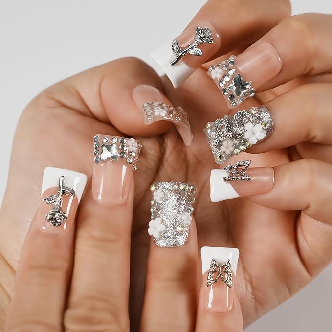 Handmade Press on Nails Short Duck White French Tip Thick Acrylic Fake Nails 3D Floral Metallic Rose Butterflies Luxury Rhinestone Design (Silver Ash Butterfly Sheen,S)