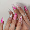 Valentines Press on Nails Long Almond Fake Nails Pink Artificial Nail Heart Love Tortoise Shell Rhinestones Stick on Nail for Women 24pcs