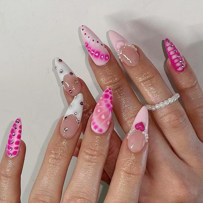 Valentines Press on Nails Long Almond Fake Nails Pink Artificial Nail Heart Love Tortoise Shell Rhinestones Stick on Nail for Women 24pcs