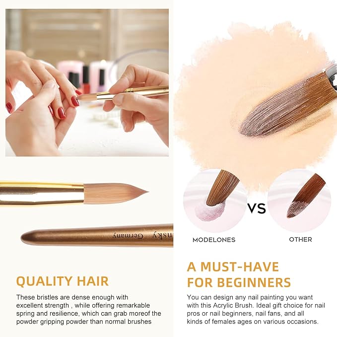 Acrylic Nail Brush Size 10, Kolinsky Acrylic Nail Brush for Acrylic Powder, Application Nail Art Drawing Brush for Extension Nails Carved for Beginners and Professionals (10#, Gold)
