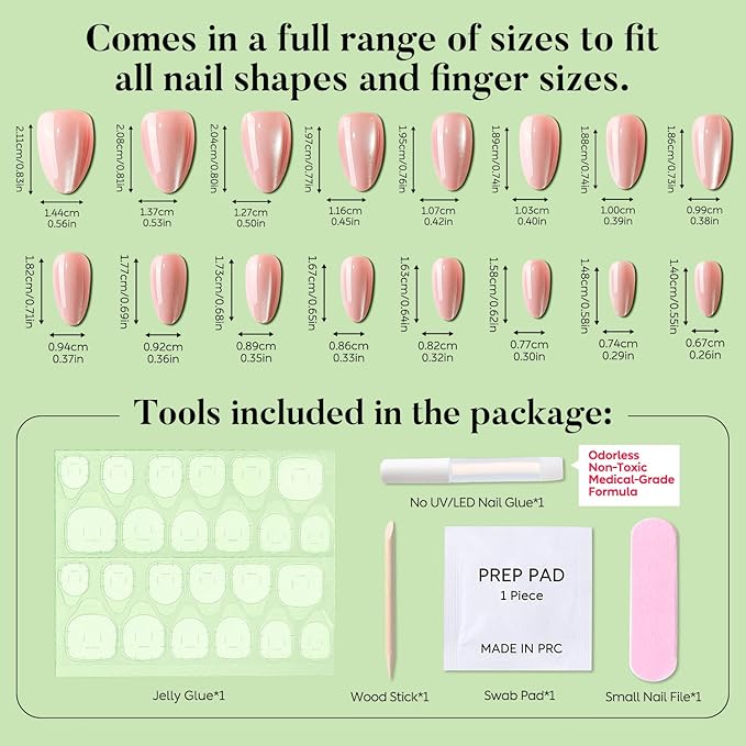 Luxbon Press On Nails Short with No-Cure Nail Glue and Tool Kit – Almond Stick On Nails Cat Eye Soft Gel Tips 25-30pcs Full Size Set, Reusable Fake Nails for Women, Salon Look at Home, Light Pink
