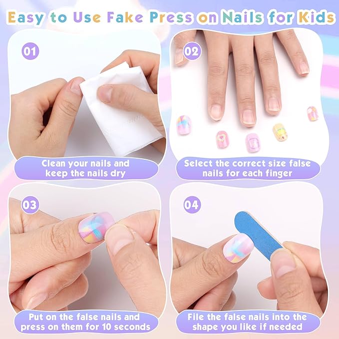 Shynek Kids Press Nails for Girls, 168Pcs Children Fake Nails Pre Glue Nail Stickers Full Cover Short False Nails Set for Girls Gift Nail Art Decoration