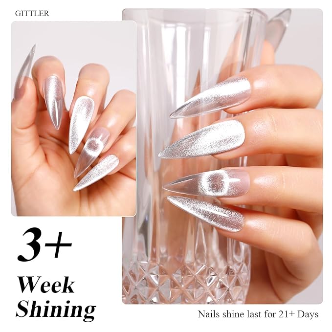 Imtiti Silver Cat Eye Gel Nail Polish, 15ML Silver Holographic Glitter Cat Eye Gel Polish with Magnet UV LED Magnetic Gel Nail Polish Clear Galaxy Sparkly Home DIY Manicure Nail Kit