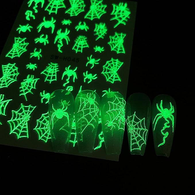 Luminous Halloween Nail Art Stickers Decals Cute White Ghost Nails Stickers Skeleton Spider Web Nails Decals Self-Adhesive Glow in The Dark Nail Art Decal for Women Halloween Decor