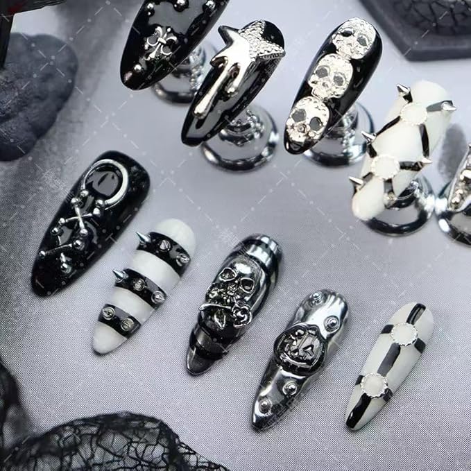 100% Handmade Press on Nails Medium Almond Fake Nails Halloween Press on Nails Black Gothic False Nail with Skeleton Pumpkin Silver Charms Design Reusable Handmade Nails for Women Manicure Size L